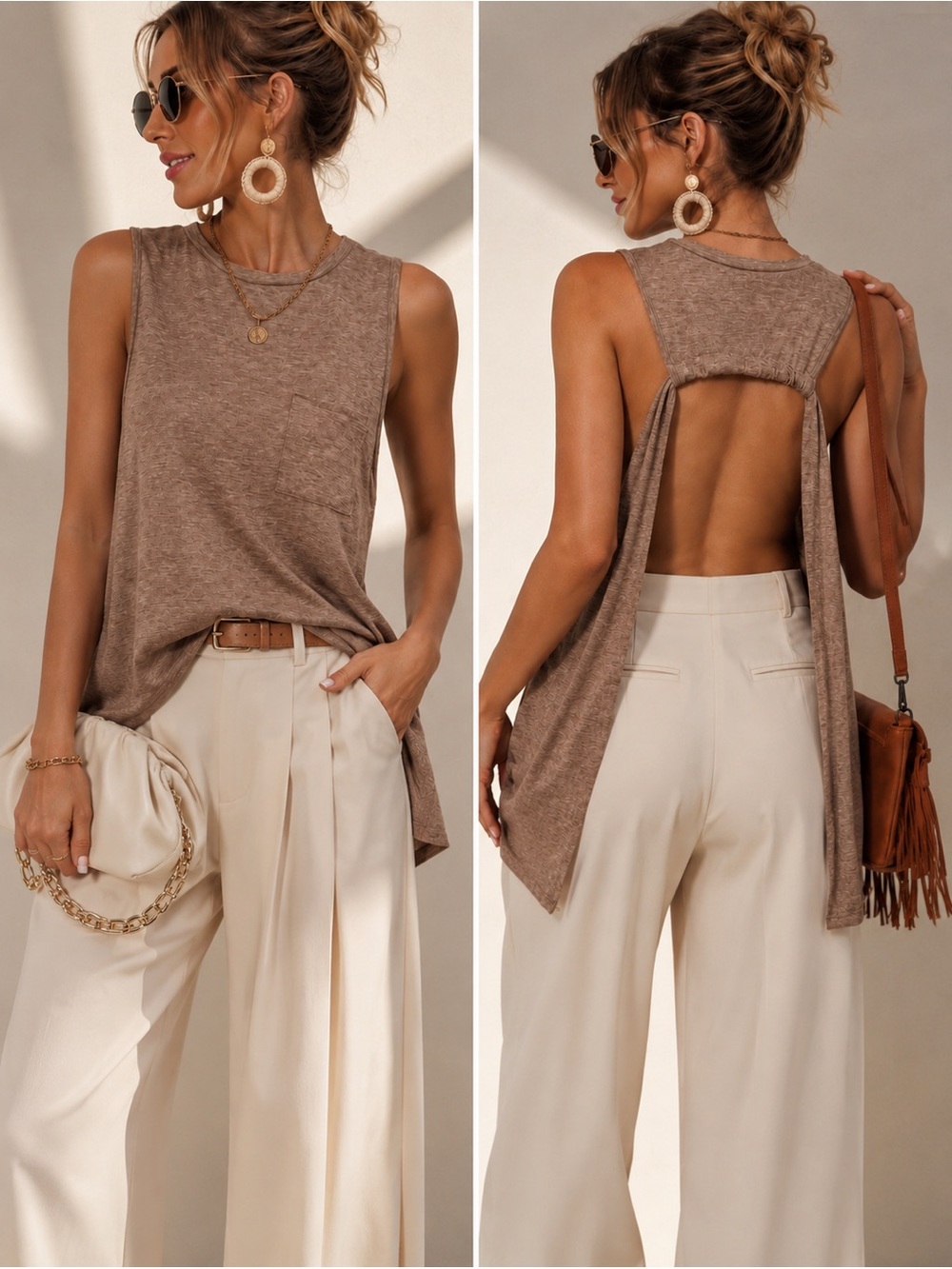 Sleeveless Open-Back Tank Top in Taupe